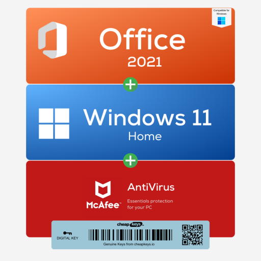 Bundle - Office 2021, Windows 11 Home, McAfee Antivirus Keys