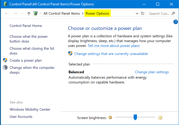 Power Settings in Windows 10