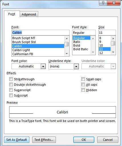 Default Font in Microsoft Office