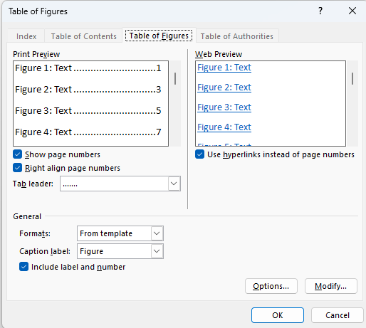 Table of Figures Options