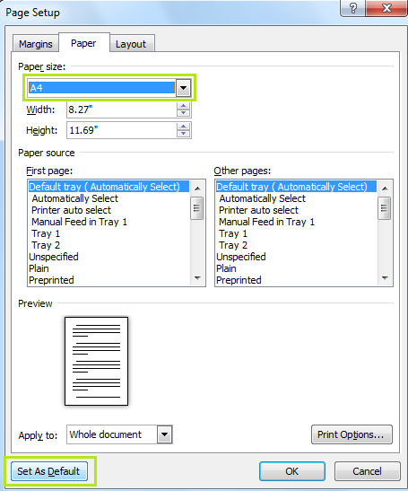 Default Paper Size