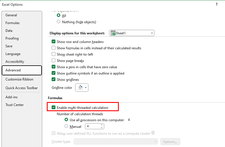 Excel settings