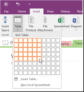 Table in Microsoft OneNote