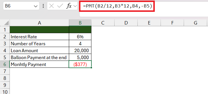 PMT Formula in Excel Example 2