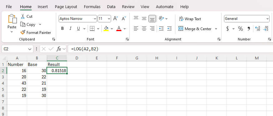 LOG Function in Excel