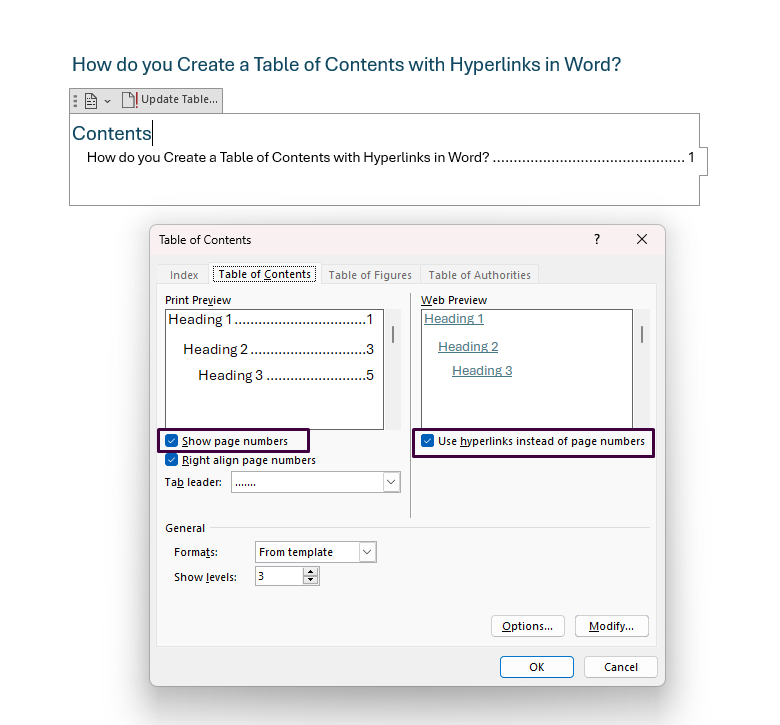 Table of Contents with Hyperlinks in Word