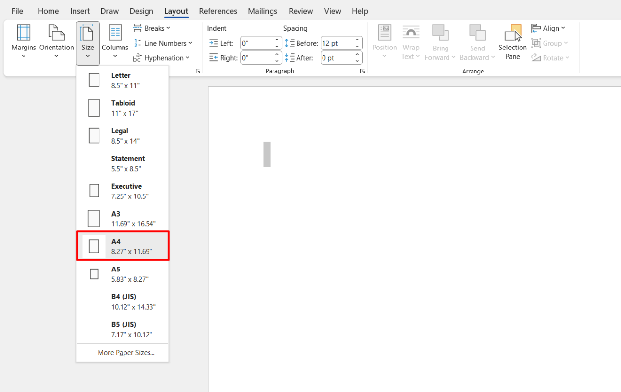 default page size to A4 in a Word document