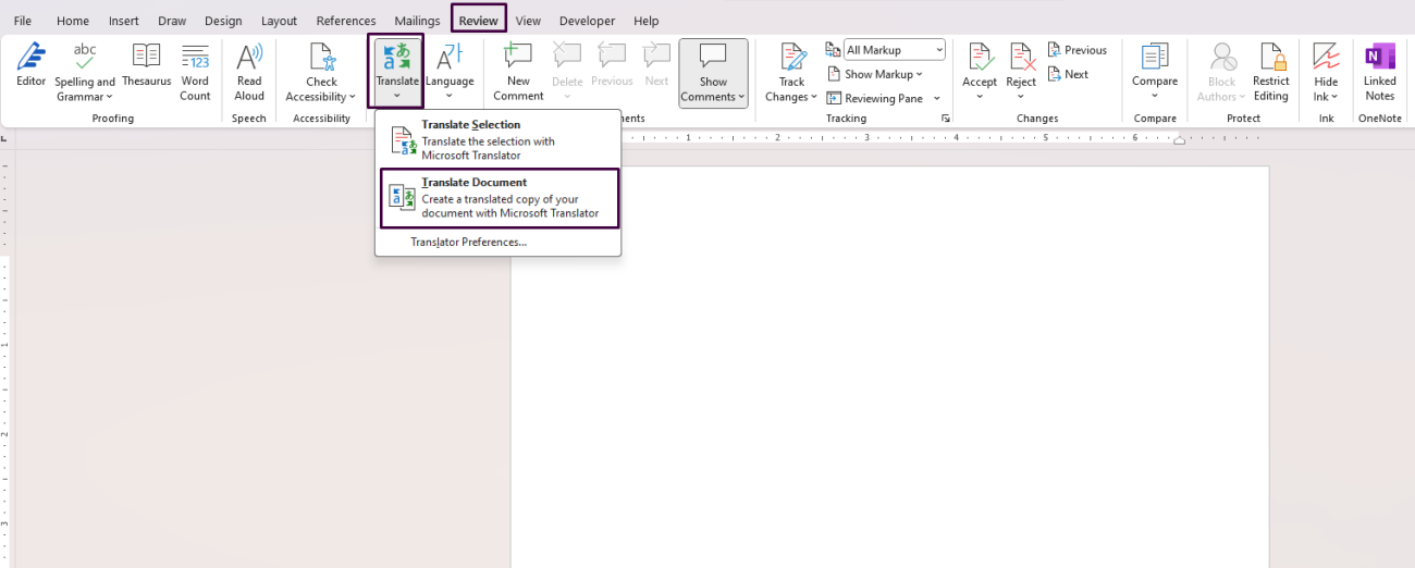 Translate Text within a Document in Word