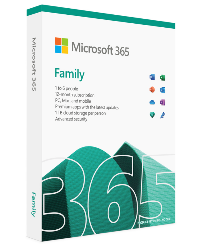 Microsoft 365 Family retail box, 1 to 6 people, 12-month subscription