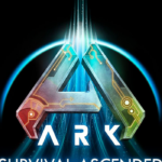 Logo for ARK: Survival Ascended featuring a metallic triangular emblem and glowing blue light, with the game title beneath.