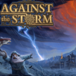 Fantasy game cover featuring a bearded wizard in blue robes as lightning strikes the sky and a storm-ravaged landscape unfolds below; title 'Against the Storm' at top.