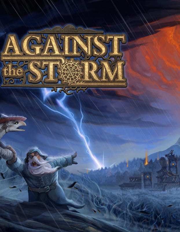 Fantasy game cover featuring a bearded wizard in blue robes as lightning strikes the sky and a storm-ravaged landscape unfolds below; title 'Against the Storm' at top.