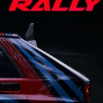 Rally car with red and blue stripes under 'Assetto Corsa Rally' logo on dark background