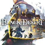 Cover art for the video game Black Desert showing an armored hero with a medieval city in the background and the game title across the center