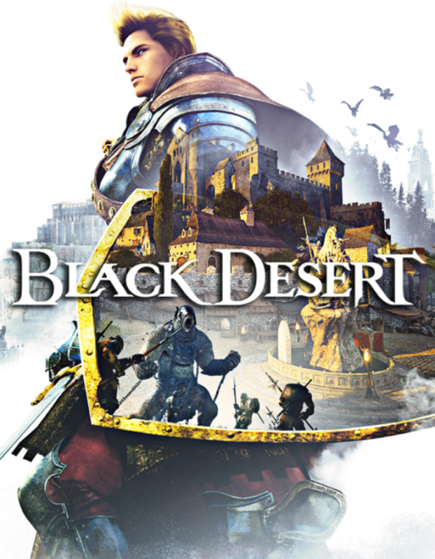 Cover art for the video game Black Desert showing an armored hero with a medieval city in the background and the game title across the center