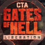 Circular emblem with bold red text 'GATES HELL' and a white banner reading 'LIBERATION'; small 'CTA' at the top.
