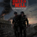 Cover art for the game Gates of Hell: two soldiers walk arm-in-arm through a smoky, war-torn battlefield with tanks in the background and burning skies in the distance.