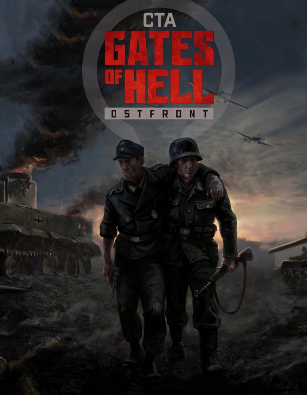 Cover art for the game Gates of Hell: two soldiers walk arm-in-arm through a smoky, war-torn battlefield with tanks in the background and burning skies in the distance.