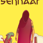 Stylized poster: a tall, hooded, faceless figure in a red robe stands on a yellow background with abstract shapes and large text above.