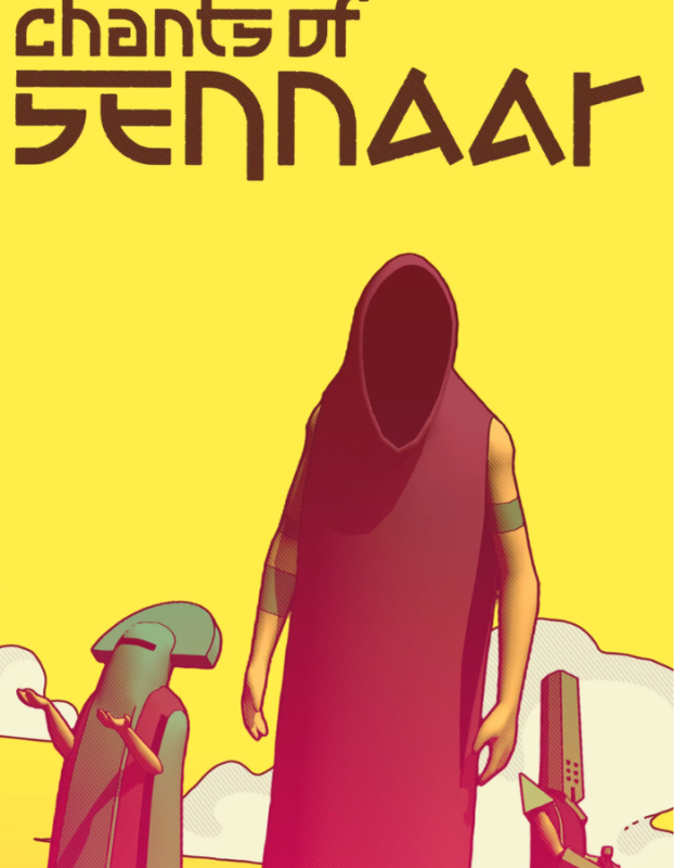 Stylized poster: a tall, hooded, faceless figure in a red robe stands on a yellow background with abstract shapes and large text above.