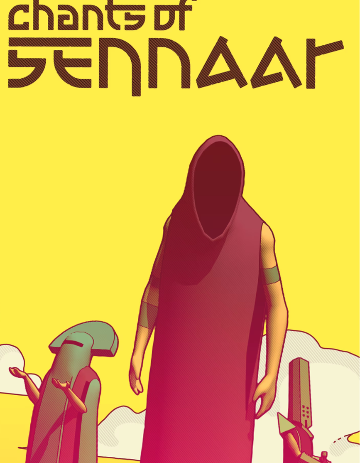 Chants-of-Sennaar-GG-Keys-2png - Cheap Keys Stylized poster: a tall, hooded, faceless figure in a red robe stands on a yellow background with abstract shapes and large text above.