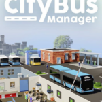 Promotional illustration for CityBus Manager showing a bus depot: parked buses, a brick building, and people at service counters beneath the game logo.