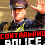 Male police officer in uniform and cap raises his right hand in a stop gesture, with bold red-and-black 'POLICE' banner in the foreground.
