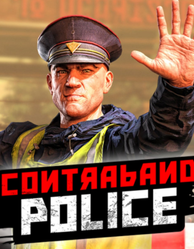 Male police officer in uniform and cap raises his right hand in a stop gesture, with bold red-and-black 'POLICE' banner in the foreground.