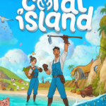 Colorful game cover for Coral Island showing two farmers in blue overalls standing in shallow water, one raising a spear, with a village, animals, and a bright sky in the background.