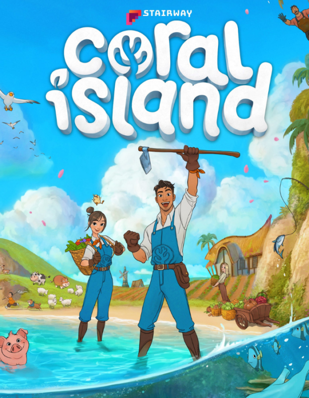 Colorful game cover for Coral Island showing two farmers in blue overalls standing in shallow water, one raising a spear, with a village, animals, and a bright sky in the background.