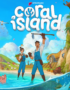 Colorful game cover for Coral Island showing two farmers in blue overalls standing in shallow water, one raising a spear, with a village, animals, and a bright sky in the background.