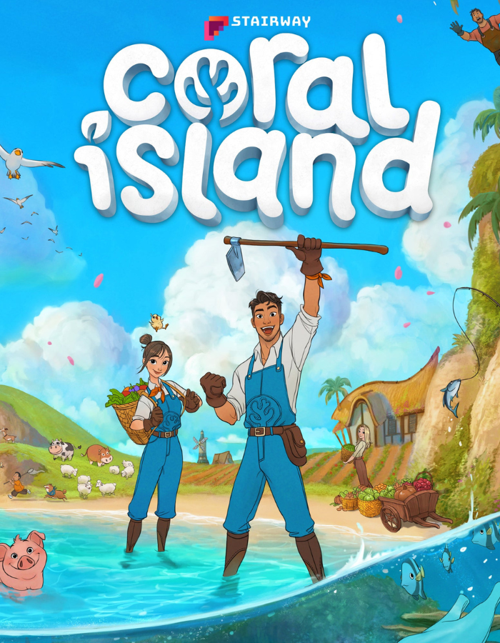 Coral-Island-GGKeyspng - Cheap Keys Colorful game cover for Coral Island showing two farmers in blue overalls standing in shallow water, one raising a spear, with a village, animals, and a bright sky in the background.