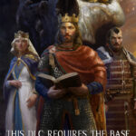 Three medieval rulers stand before a giant skull in promotional Crusader Kings III DLC art; the king reads a book while a queen and armored warrior look on.