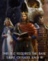 Three medieval rulers stand before a giant skull in promotional Crusader Kings III DLC art; the king reads a book while a queen and armored warrior look on.