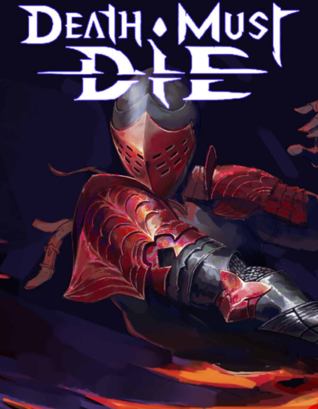 Artwork of a knight in red armor with a menacing helmet against a dark background, with the title 'Death Must Die' in stylized white font at the top.