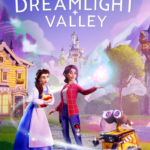 Promotional art for Disney's Dreamlight Valley featuring two women and WALL-E in a magical village with a castle in the background.