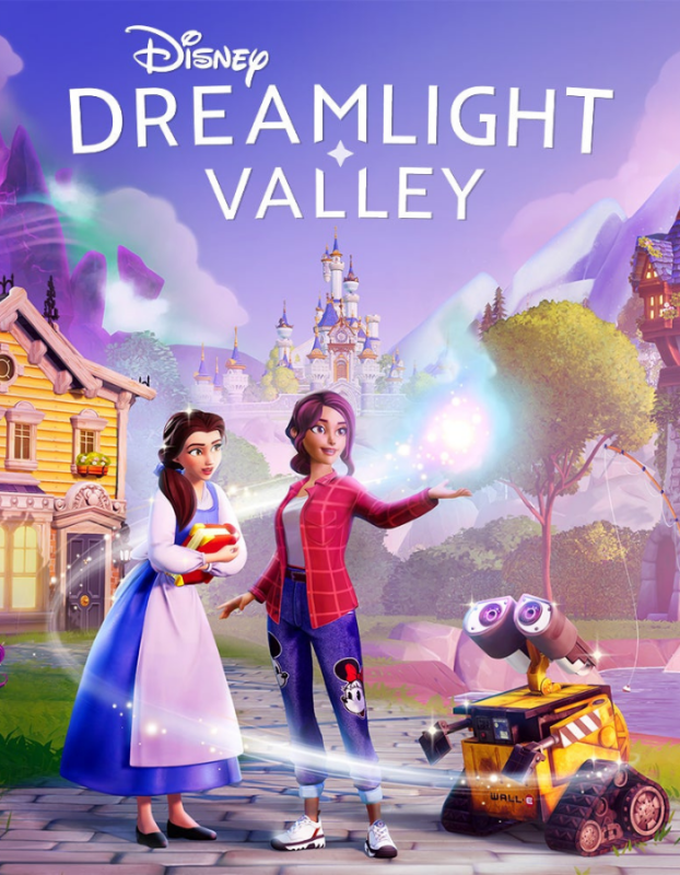 Promotional art for Disney's Dreamlight Valley featuring two women and WALL-E in a magical village with a castle in the background.