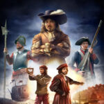Promotional poster for Europa Universalis IV with a central man in a wide-brim hat, flanked by armed soldiers and sailors, ships in a smoky harbor behind them.