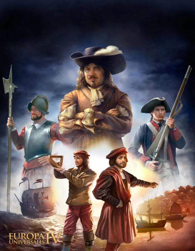 Promotional poster for Europa Universalis IV with a central man in a wide-brim hat, flanked by armed soldiers and sailors, ships in a smoky harbor behind them.
