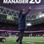 Football Manager 26 cover: person in a blue puffer jacket raises arms on a football pitch in a packed stadium.