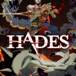 Epic game poster: hero with a glowing sword standing over a defeated skeletal monster as flames and enemies loom, with HADES across the bottom.