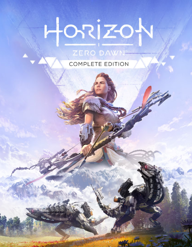 Aloy, the female archer, stands with a bow ready as robotic machines approach in a mountainous landscape on the Horizon Zero Dawn Complete Edition cover
