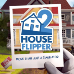 Promotional image for House Flipper: logo with a house inside a blue '2', held by a gloved hand in front of a suburban home.