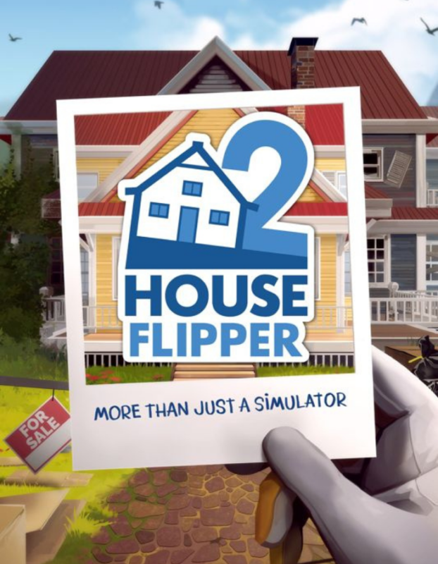 Promotional image for House Flipper: logo with a house inside a blue '2', held by a gloved hand in front of a suburban home.