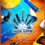 Colorful construction tools on a wooden work surface with blueprint, helmet, nails and drill, featuring a central 'House Flipper' logo.