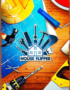 Colorful construction tools on a wooden work surface with blueprint, helmet, nails and drill, featuring a central 'House Flipper' logo.