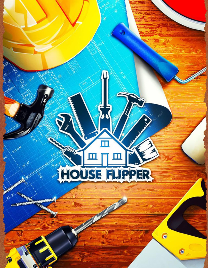 House-Flipper-GG-Keyspng - Cheap Keys Colorful construction tools on a wooden work surface with blueprint, helmet, nails and drill, featuring a central 'House Flipper' logo.