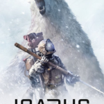 Futuristic explorer in armored suit stands in a snowy blizzard with a giant roaring polar bear behind, logo 'ICARUS' at the bottom.