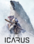 Futuristic explorer in armored suit stands in a snowy blizzard with a giant roaring polar bear behind, logo 'ICARUS' at the bottom.