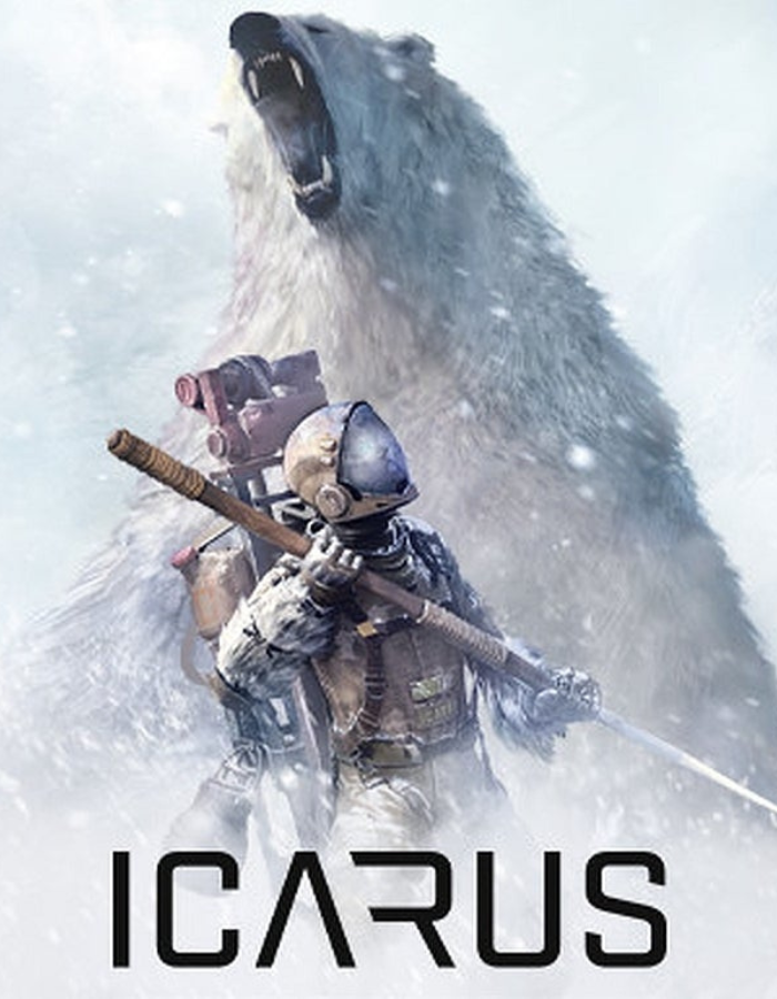 ICARUS-GGKeyspng - Cheap Keys Futuristic explorer in armored suit stands in a snowy blizzard with a giant roaring polar bear behind, logo 'ICARUS' at the bottom.
